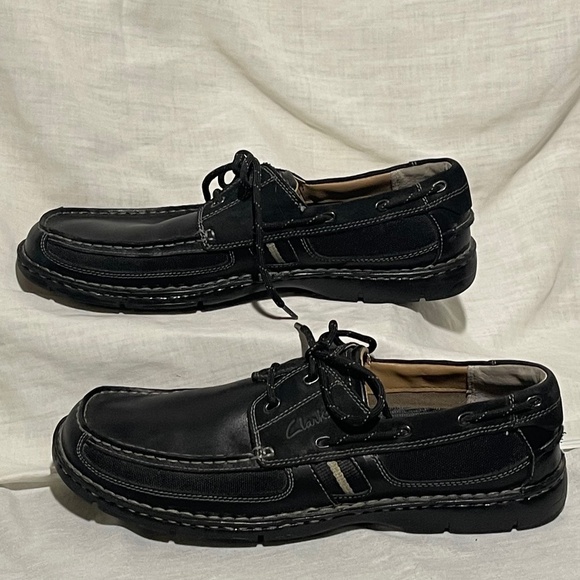 Clarks Waterloo Men 12 Leather Boat Shoe Black Lace Up Comfort Slip On Loafer - Picture 2 of 9